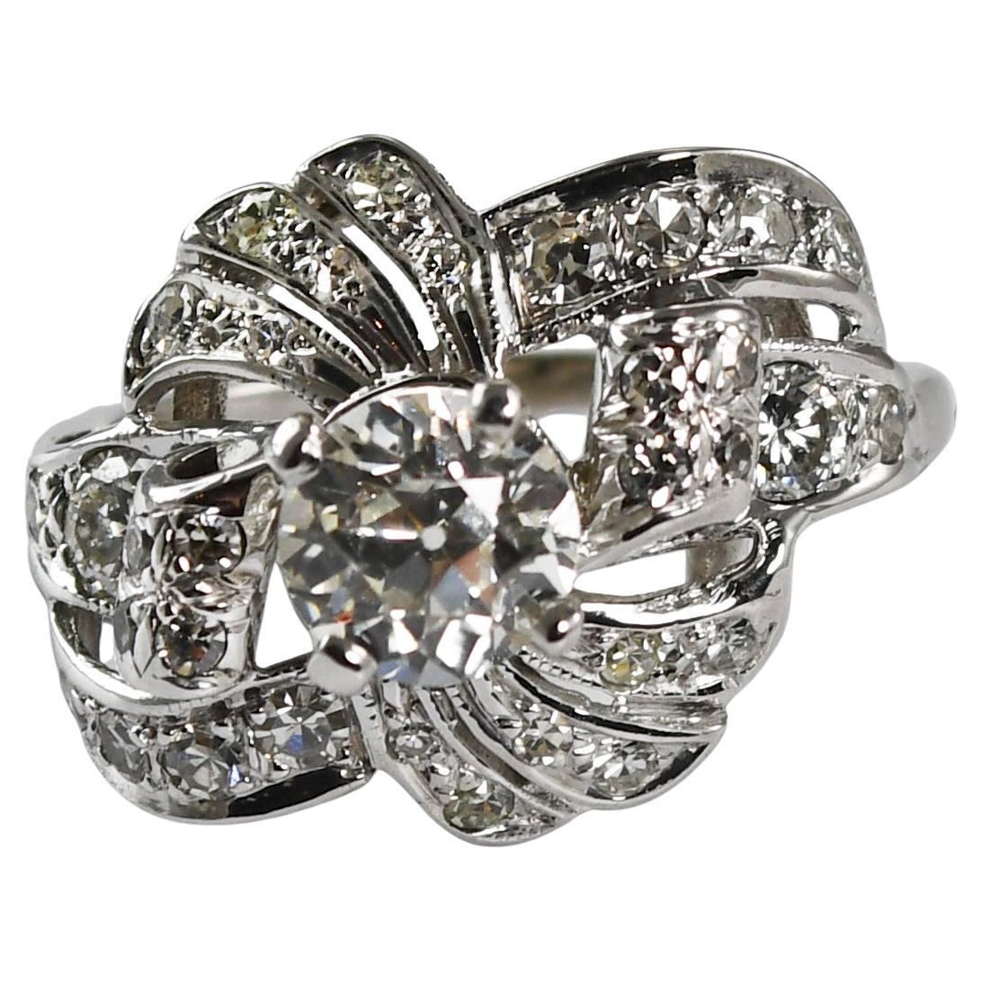 14K White Gold Antique Old-Euro Cut Diamond Ring 1.12ct