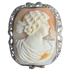 14K White Gold Antique Shell Cameo Brooch Pendant Bows