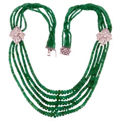 Oro bianco 14K Circa 290 carati 20" Collana di smeraldi sfaccettati a 5 fili con diamanti