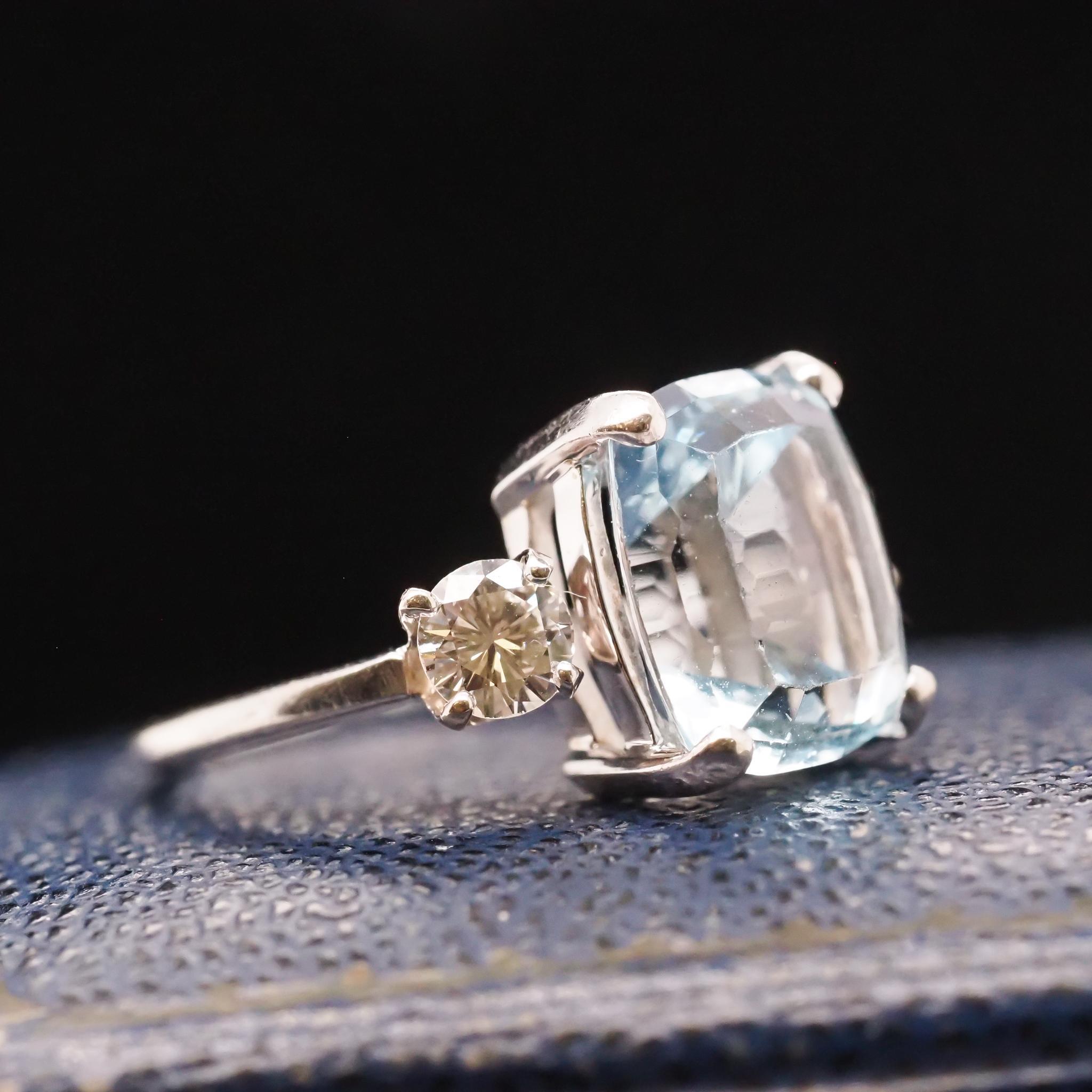 Cushion Cut 14K White Gold Aquamarine and Diamond 3 Stone Ring For Sale