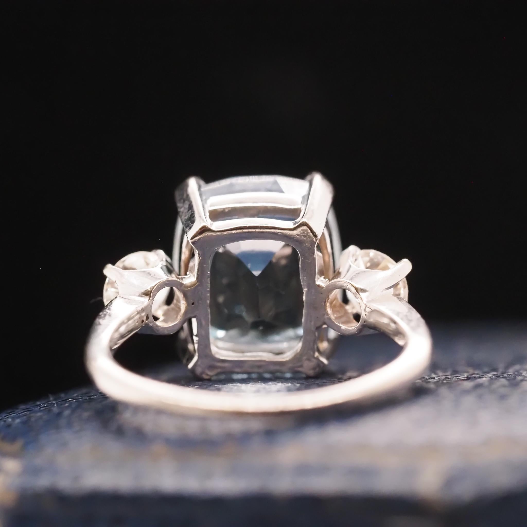14K White Gold Aquamarine and Diamond 3 Stone Ring For Sale 1