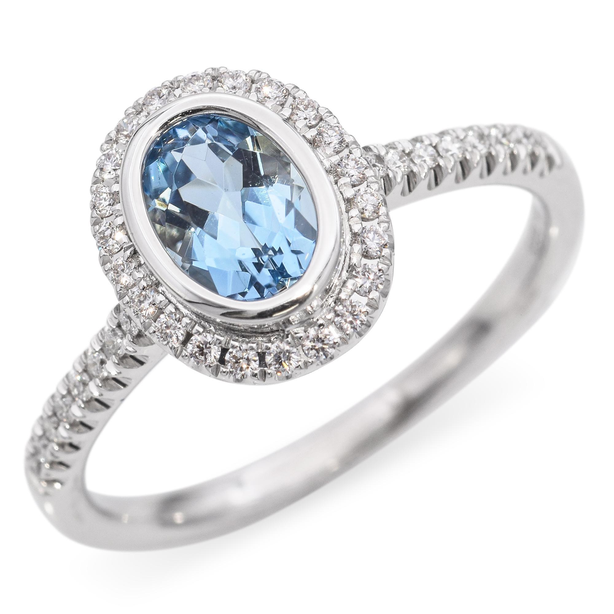 Anello aureola con acquamarina e diamante in oro bianco 14k in vendita 2