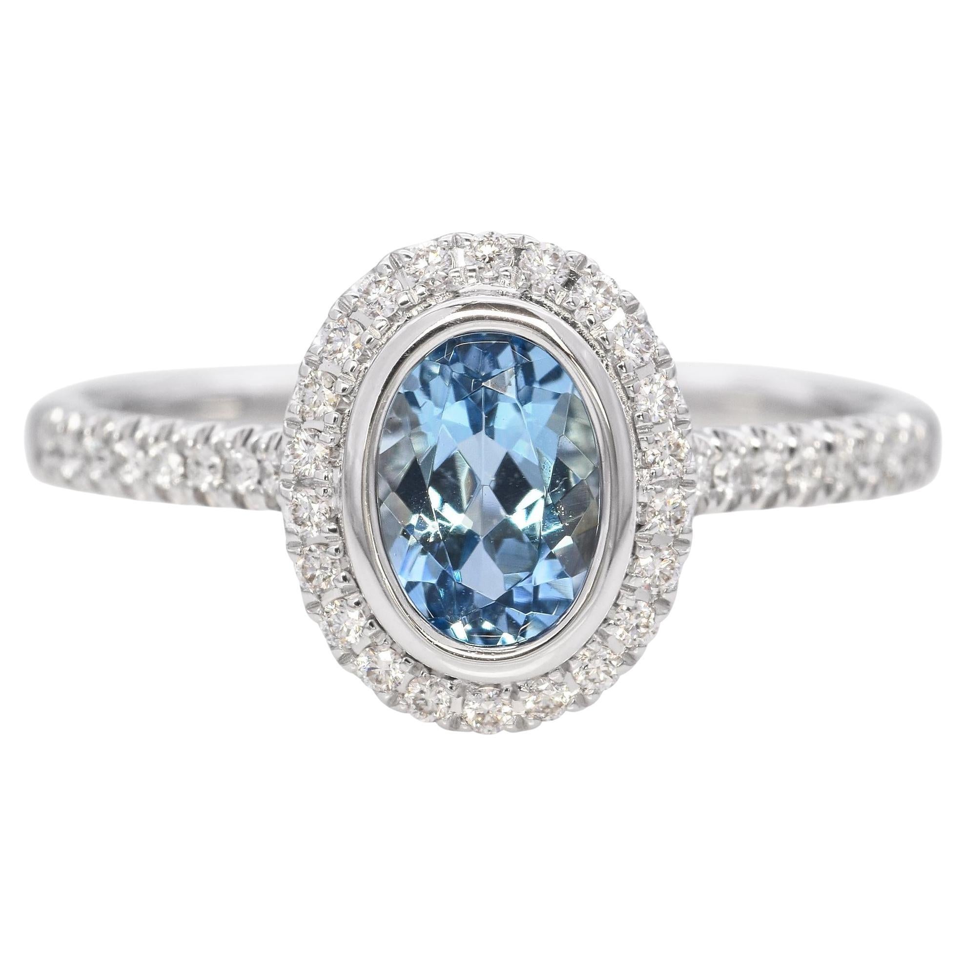 14k Weißgold Halo-Ring mit Aquamarin und Diamant
