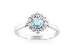14K White Gold Aquamarine and Diamond Halo Starburst Ring