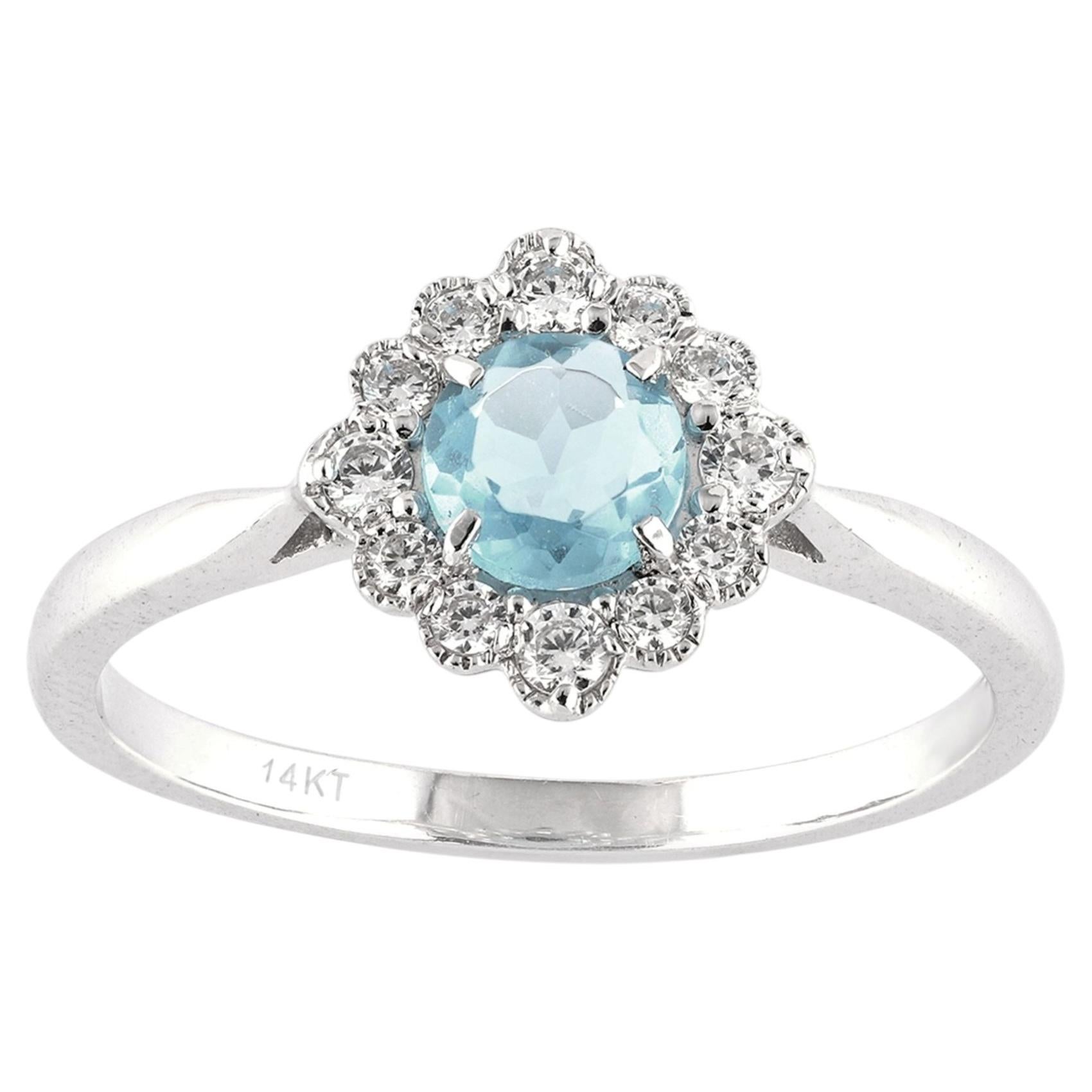 14K White Gold Aquamarine and Diamond Halo Starburst Ring