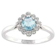 14K White Gold Aquamarine and Diamond Halo Starburst Ring
