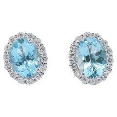 14K White Gold Aquamarine and Diamond Halo Stud Earrings