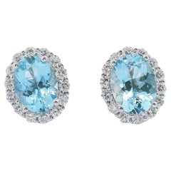 14K White Gold Aquamarine and Diamond Halo Stud Earrings