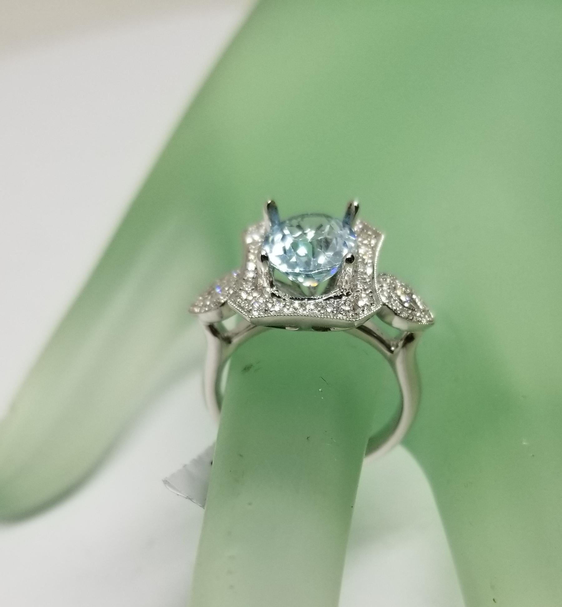 Women's or Men's 14 Karat White Gold Aquamarine and Diamond Ring