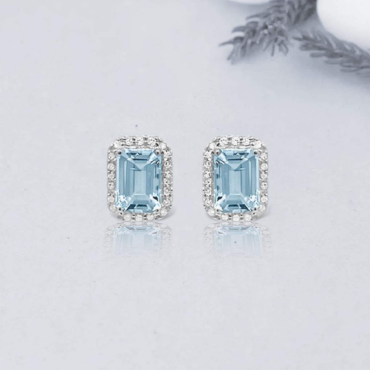 Octagon Cut 14K White Gold Aquamarine and Diamond Stud Earring. Style# TS1070AQE For Sale