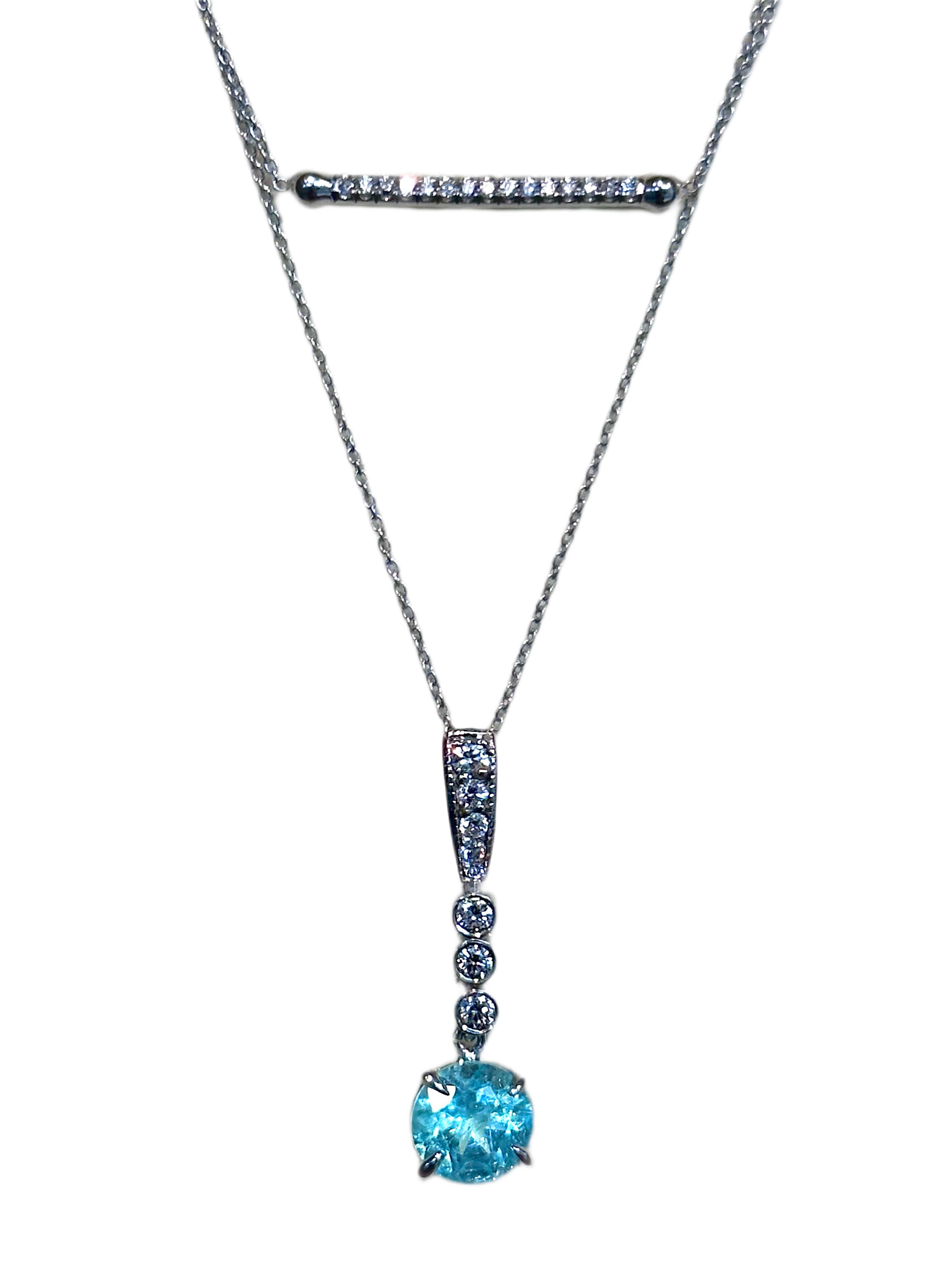 Round Cut 14K White Gold Aquamarine Diamond Bezel Necklace For Sale