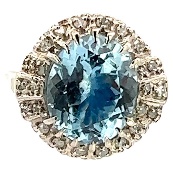 14k White Gold Aquamarine & Diamond Contemporary Cocktail Ring  For Sale