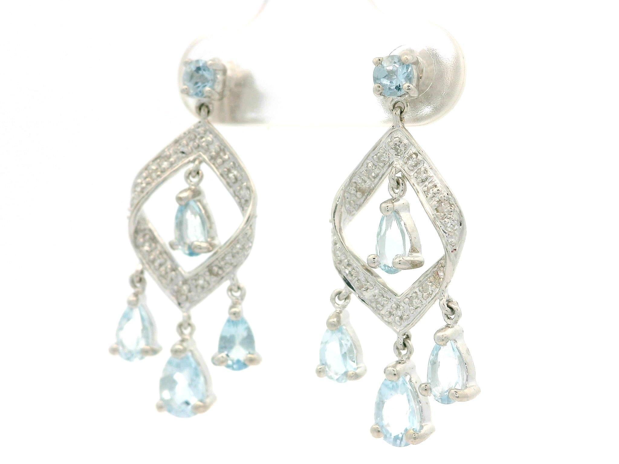 Orecchini pendenti con diamante e acquamarina in oro bianco 14k In condizioni ottime in vendita a Montclair, NJ