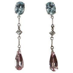Pendientes Colgantes de Aguamarina, Morganita y Diamante en oro blanco de 14k