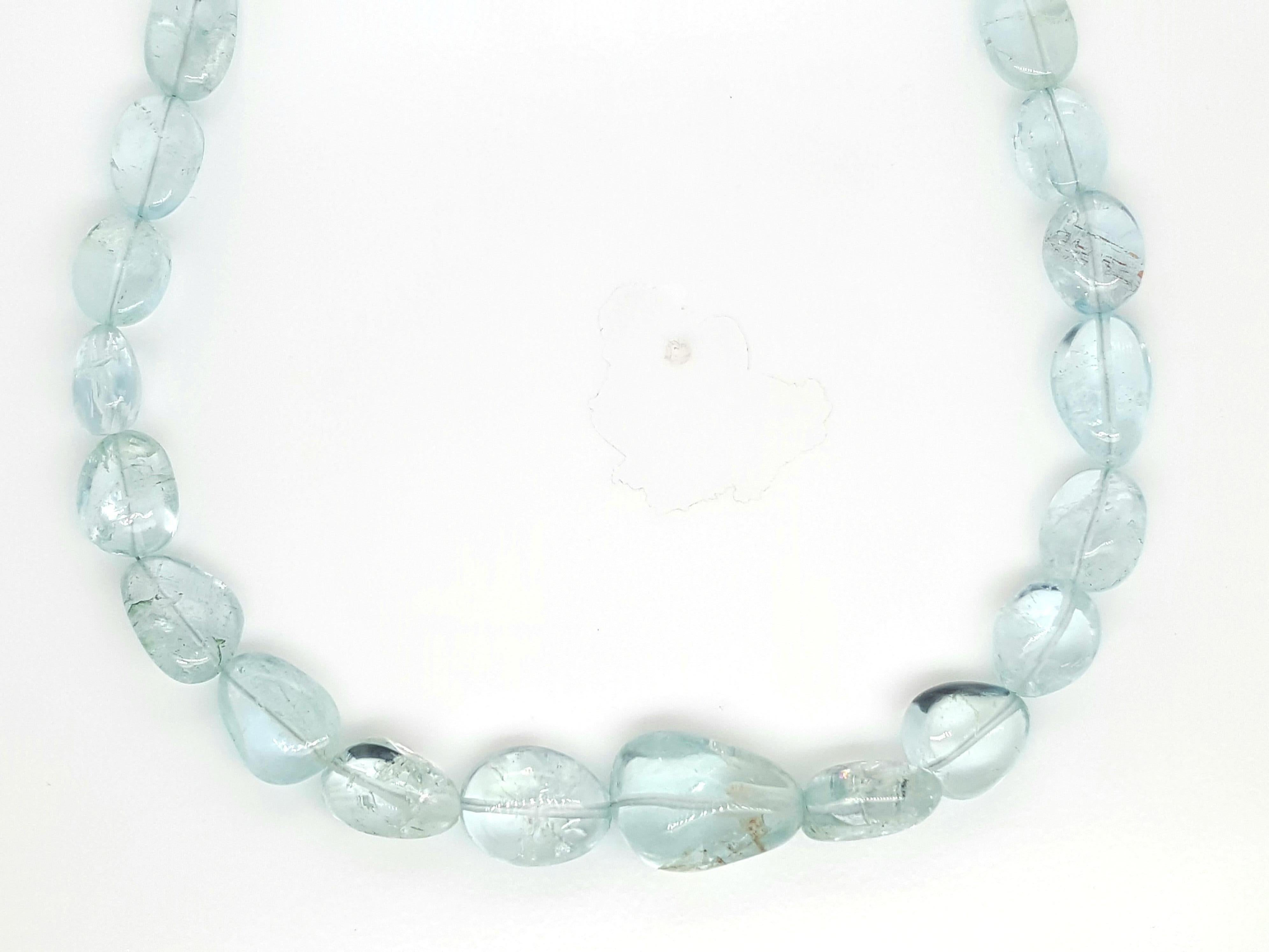  Aquamarine Nuggets Beaded Necklace is absolutely divine. The aqua beads range in size from 5.5 mm to 14.00 mm in diameter. Every bead in the necklace is natural aquamarine. The colors are very bright and lively that  blend beautifully throughout