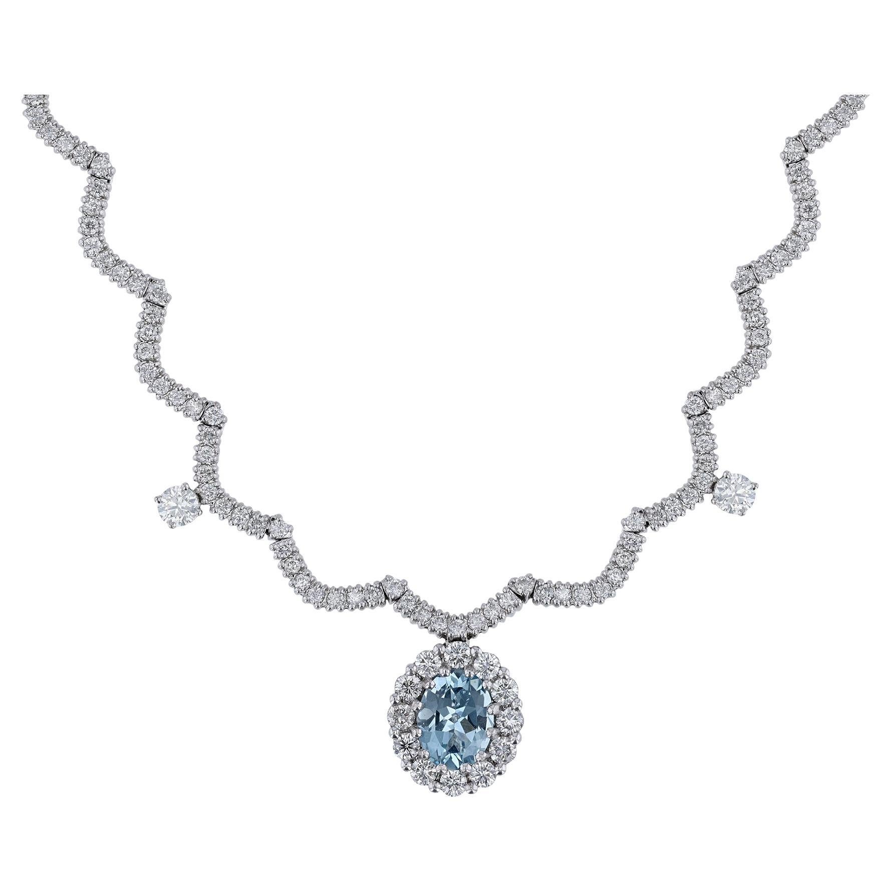 14K White Gold Aquamarine Scalloped Diamond Collar Necklace For Sale