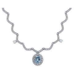 14K White Gold Aquamarine Scalloped Diamond Collar Necklace