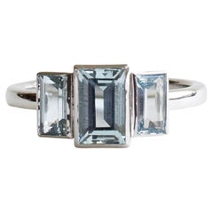14k White Gold Aquamarine Three Stone Ring, Baguette Trilogy Ring, Art Deco Ring