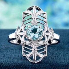 14K White Gold Aquamarine Vintage Style Filigree Dinner Ring