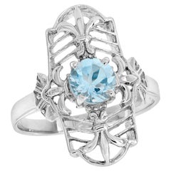 14K White Gold Aquamarine Vintage Style Filigree Dinner Ring