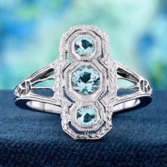 14K White Gold Aquamarine Vintage Style Three Stone Filigree Ring