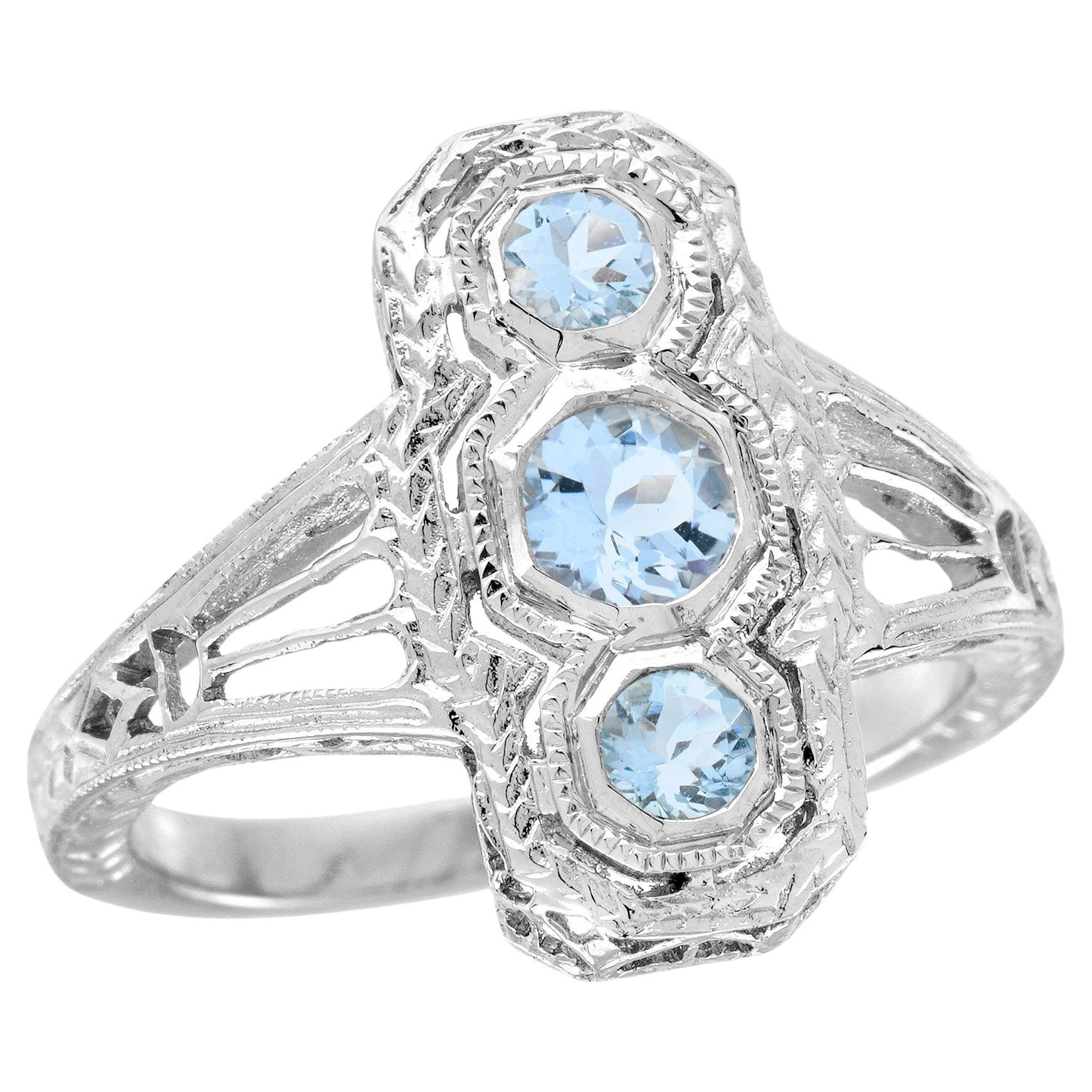 14K Weißgold Aquamarin Vintage Style Filigraner Ring mit drei Steinen