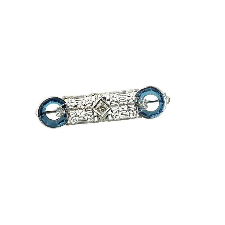 14k White Gold Art Deco 0.10 Carat Diamond Solitaire Brooch with Crystal Accents In Good Condition For Sale In Sherman Oaks, CA