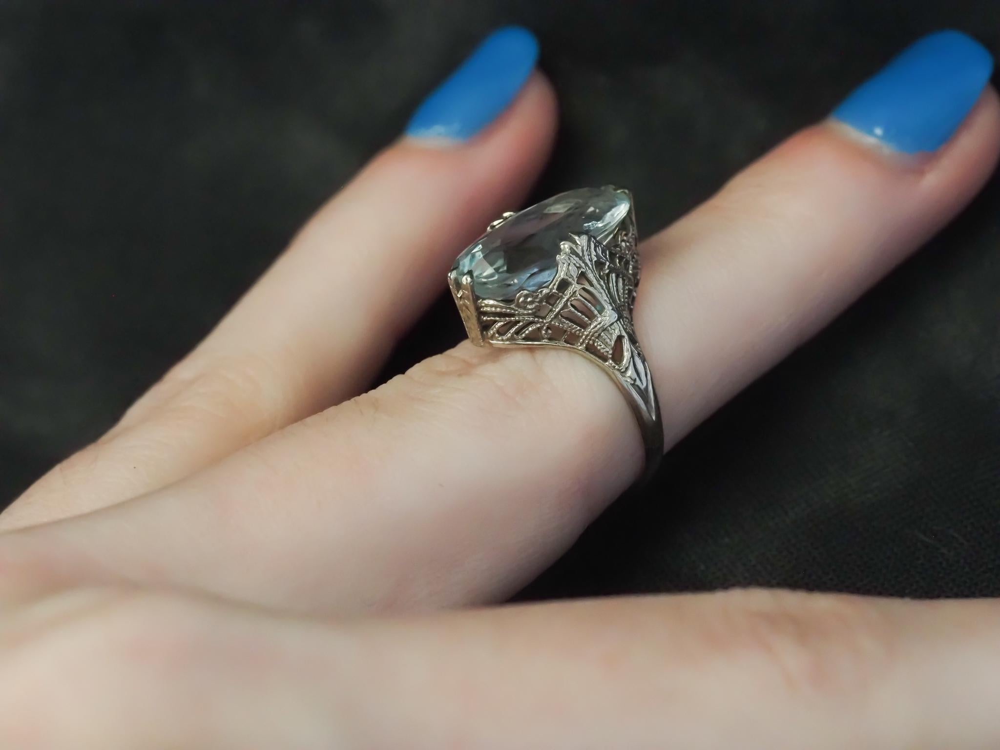14k White Gold Art Deco Aquamarine Filigree Nanette Ring For Sale 5