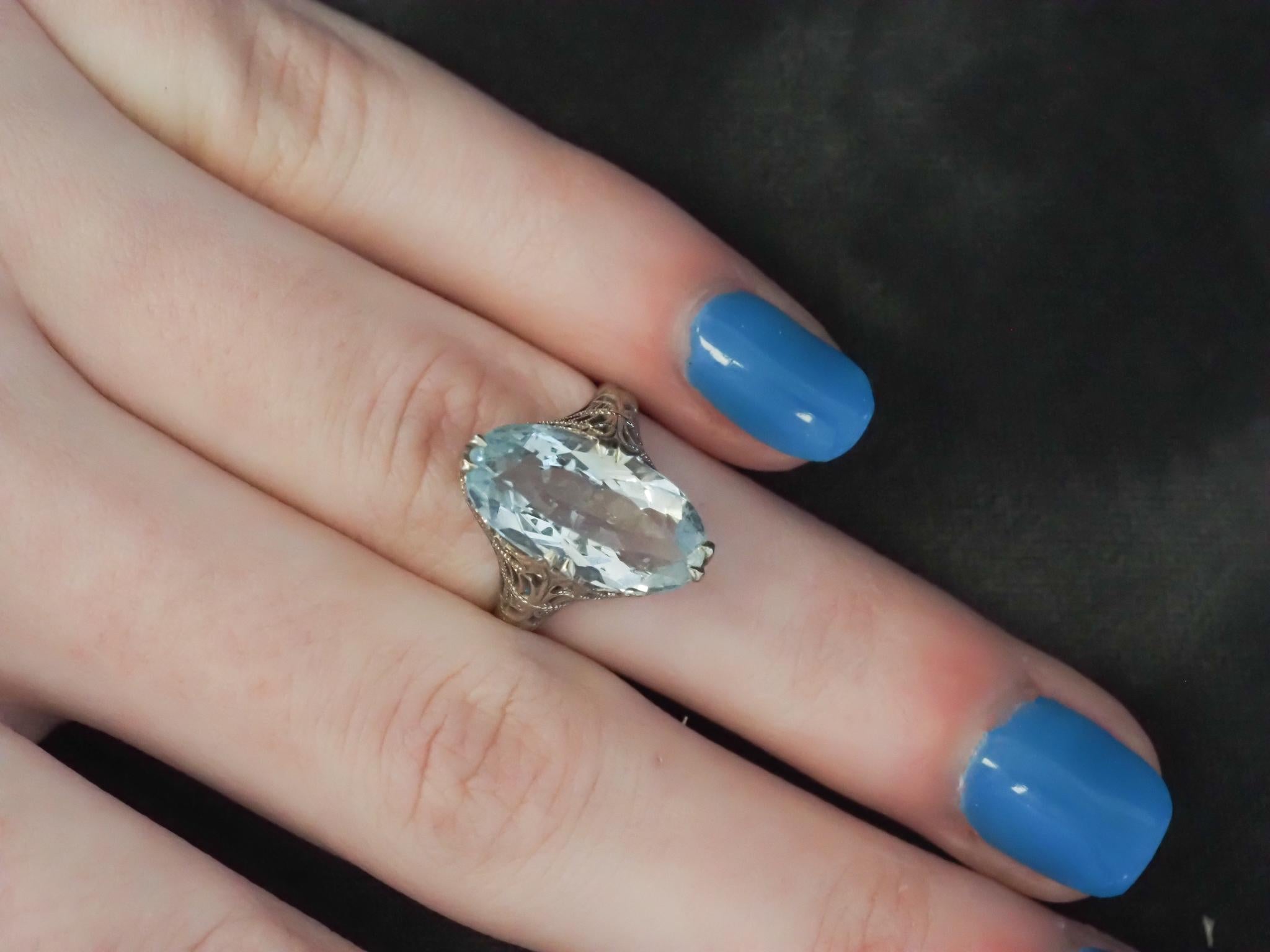 14k White Gold Art Deco Aquamarine Filigree Nanette Ring For Sale 1