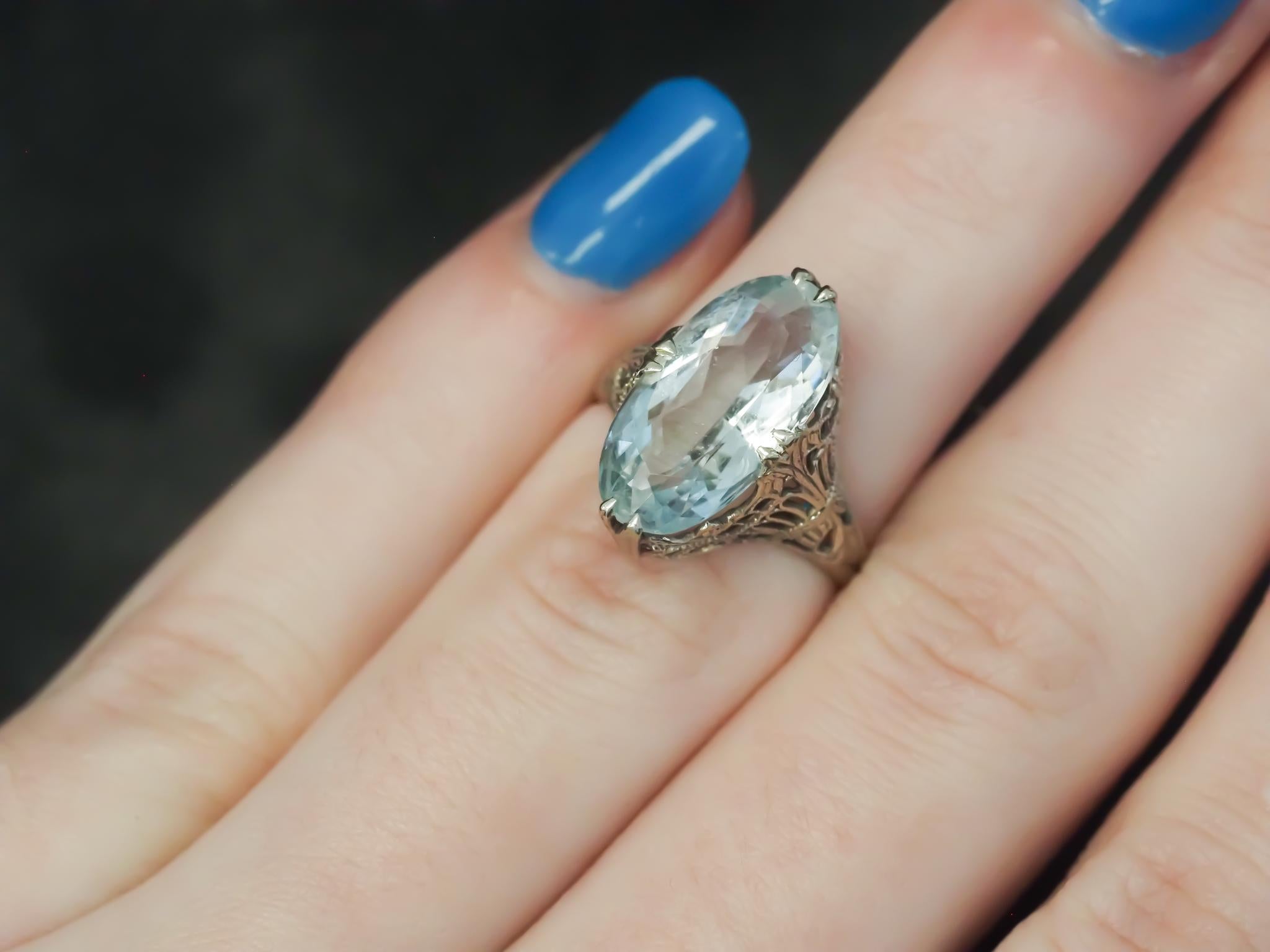 14k White Gold Art Deco Aquamarine Filigree Nanette Ring For Sale 2