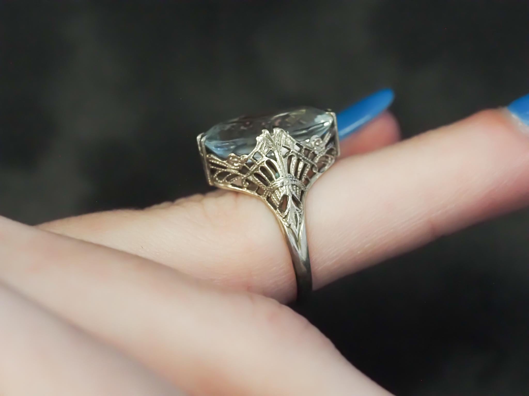 14k White Gold Art Deco Aquamarine Filigree Nanette Ring For Sale 3