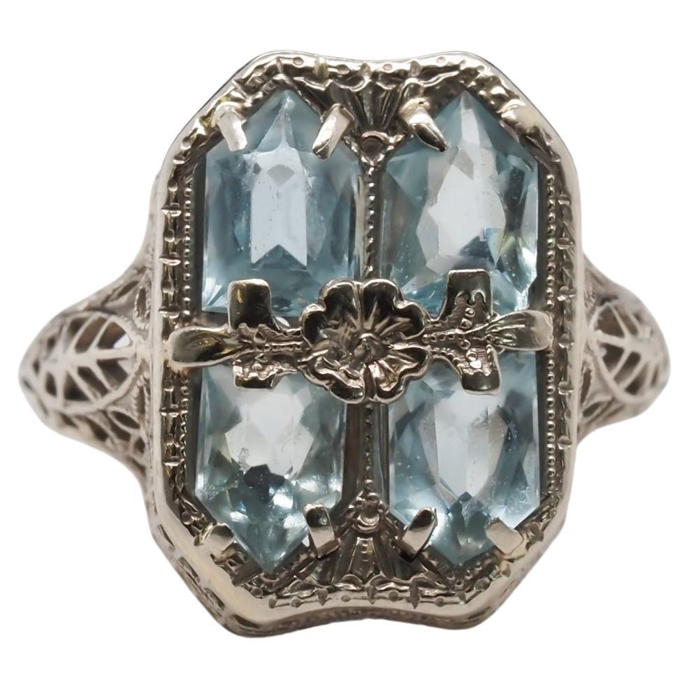 14K White Gold Art Deco Aquamarine Filigree Ring For Sale