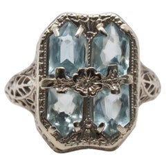 Vintage 14K White Gold Art Deco Aquamarine Filigree Ring