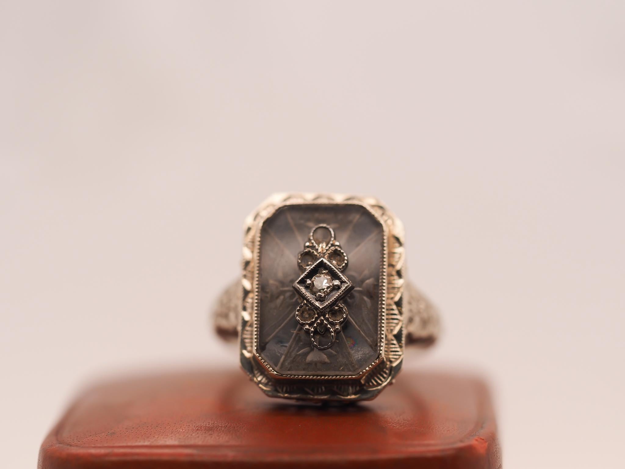 Single Cut 14K White Gold Art Deco Belais Crystal and Diamond Ring For Sale