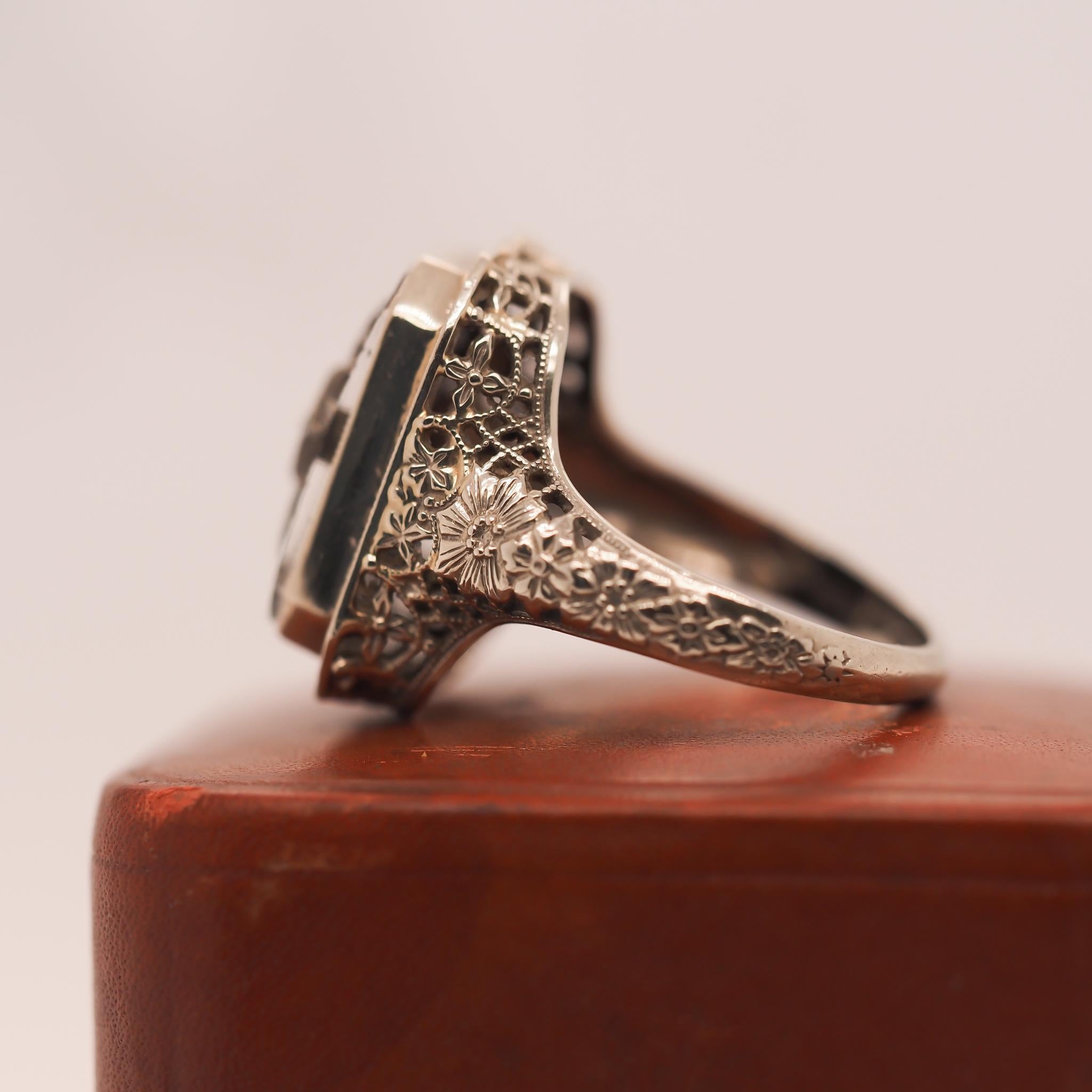 14K White Gold Art Deco Belais Crystal and Diamond Ring For Sale 1