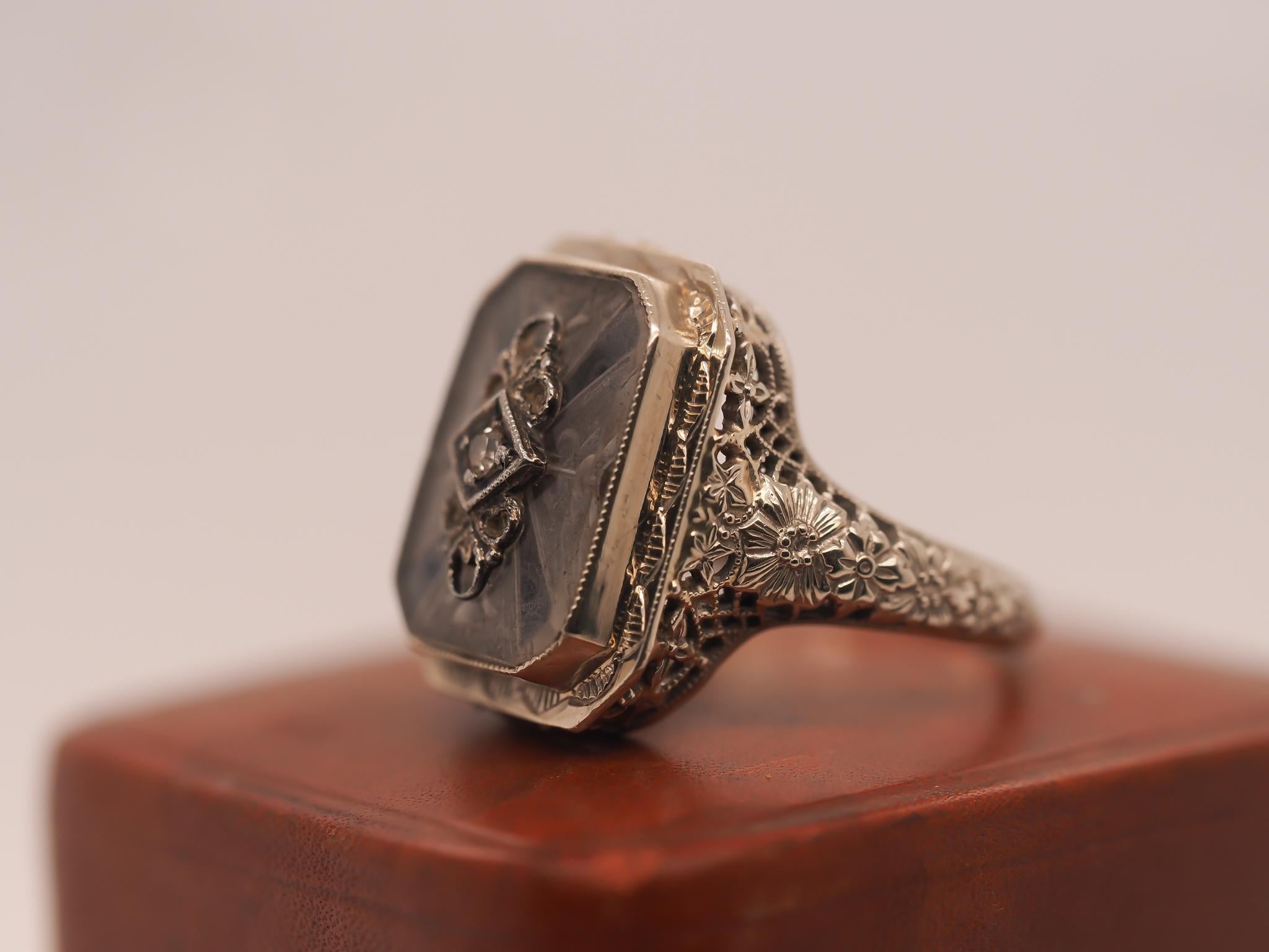 14K White Gold Art Deco Belais Crystal and Diamond Ring For Sale 2