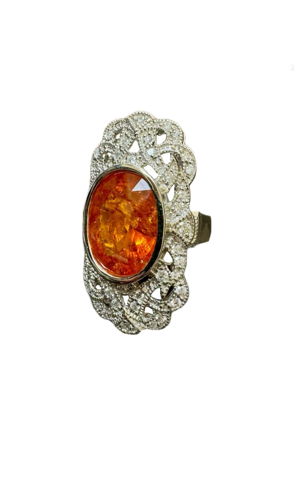 14K White Gold Art Deco Style Diamond 17.50 Carat Oval Spessartite Garnet Ring For Sale 6