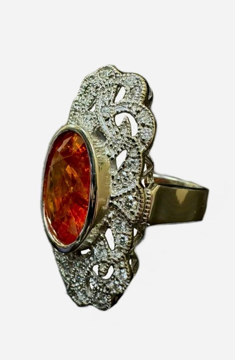 Women's 14K White Gold Art Deco Style Diamond 17.50 Carat Oval Spessartite Garnet Ring For Sale