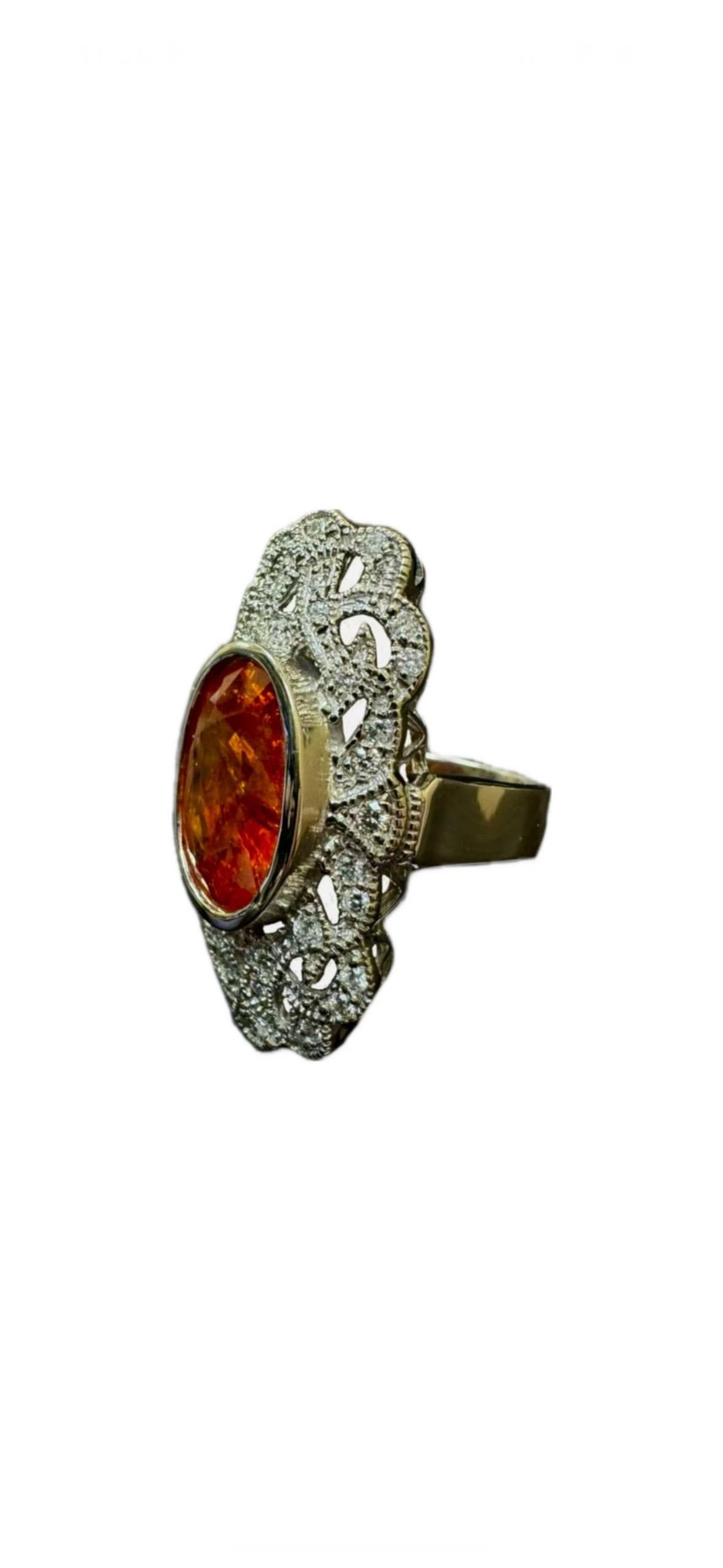 14K White Gold Art Deco Style Diamond 17.50 Carat Oval Spessartite Garnet Ring For Sale 1
