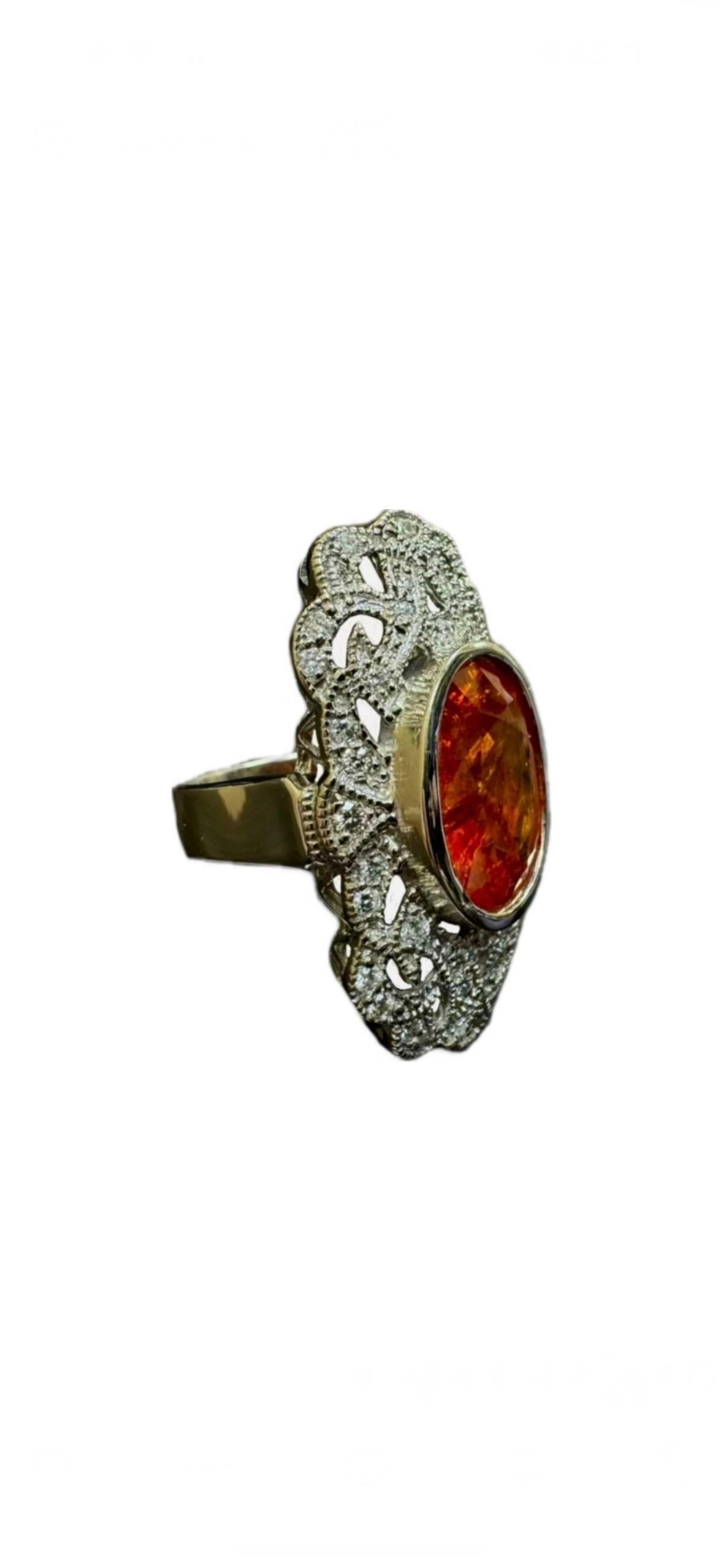 14K White Gold Art Deco Style Diamond 17.50 Carat Oval Spessartite Garnet Ring For Sale 3