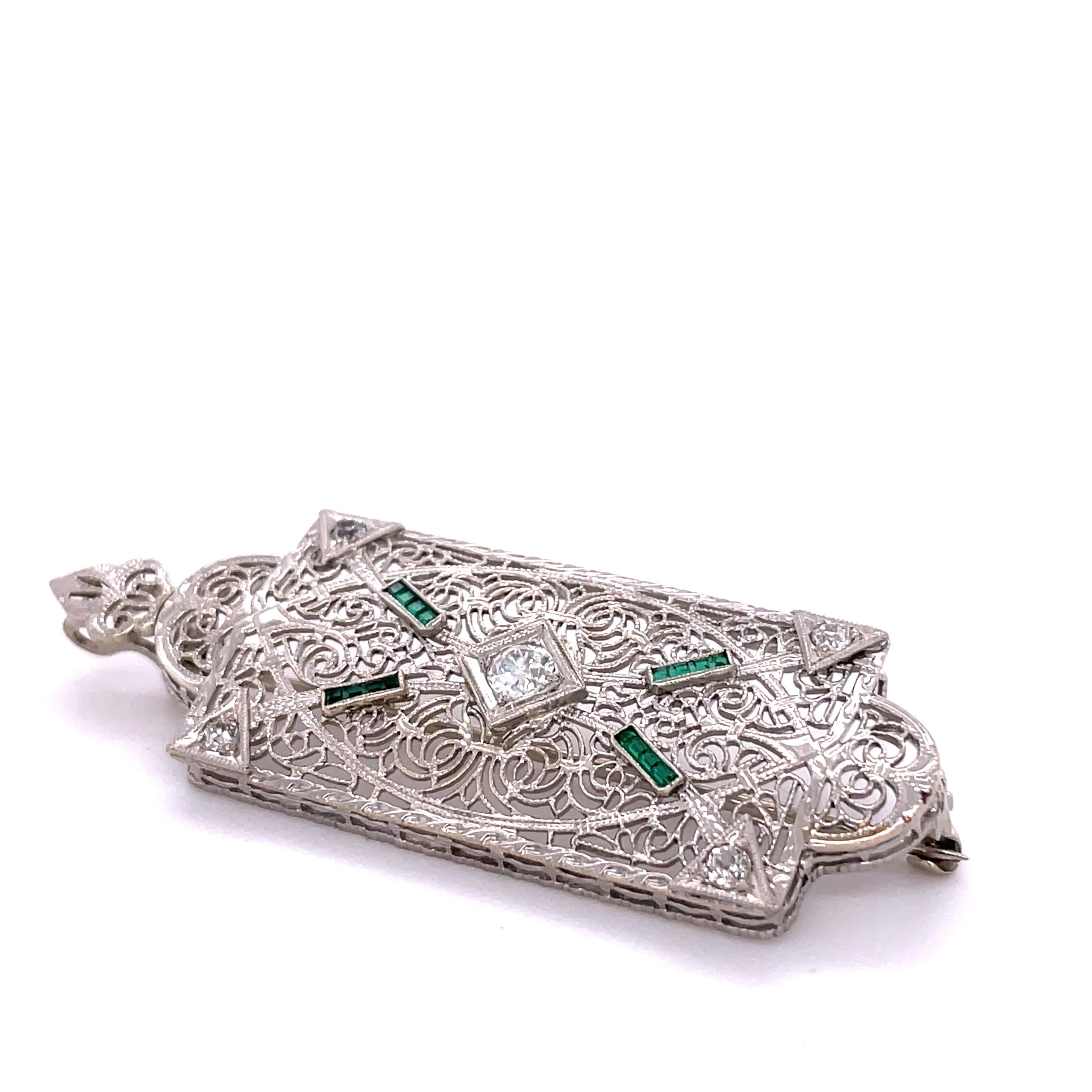 Baguette Cut 14K White Gold Art Deco Diamond and Emerald Pendant and Brooch 'Convertible'