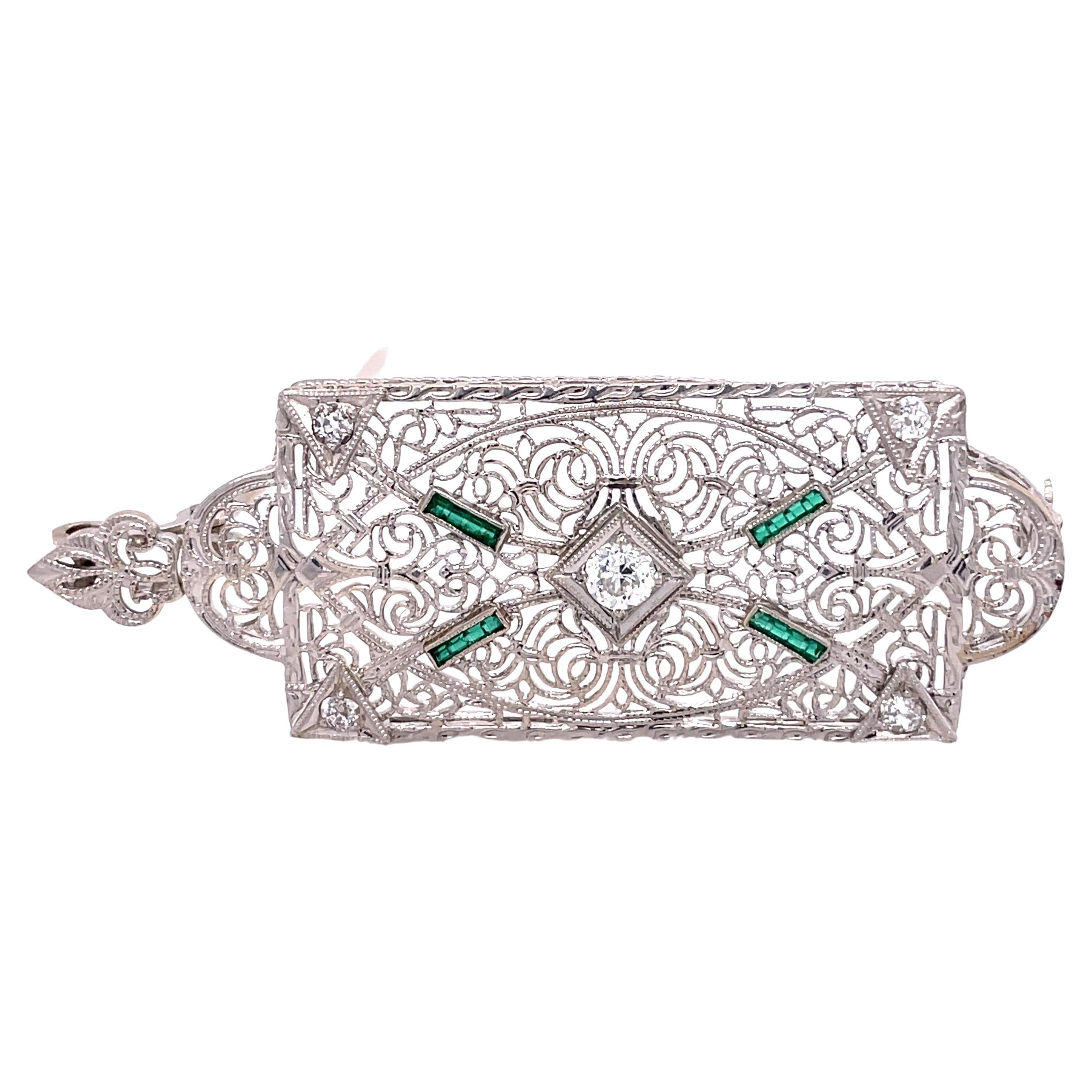 14K White Gold Art Deco Diamond and Emerald Pendant and Brooch 'Convertible'