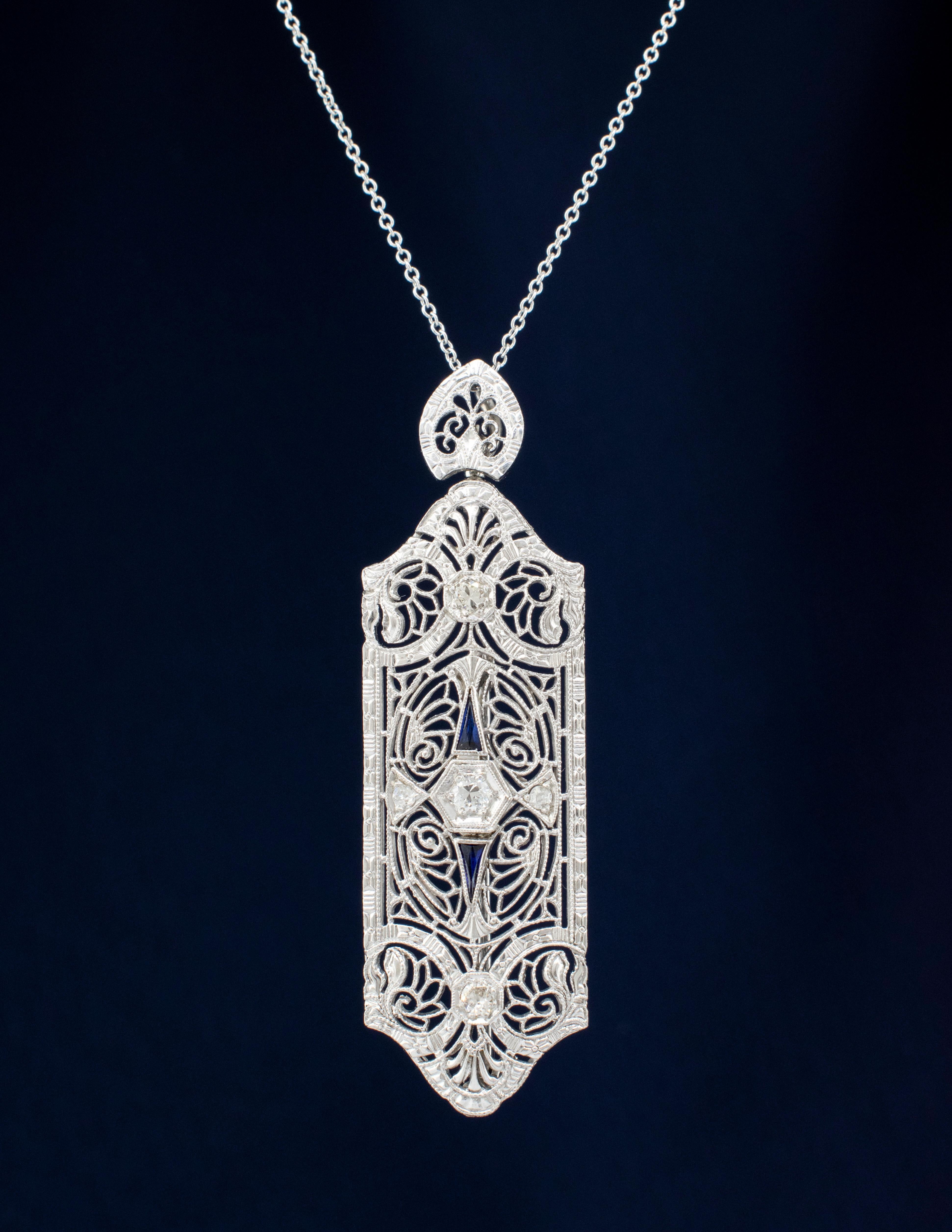 Old European Cut 14k White Gold Art Deco Diamond and Sapphire Convertible Brooch/Pendant For Sale