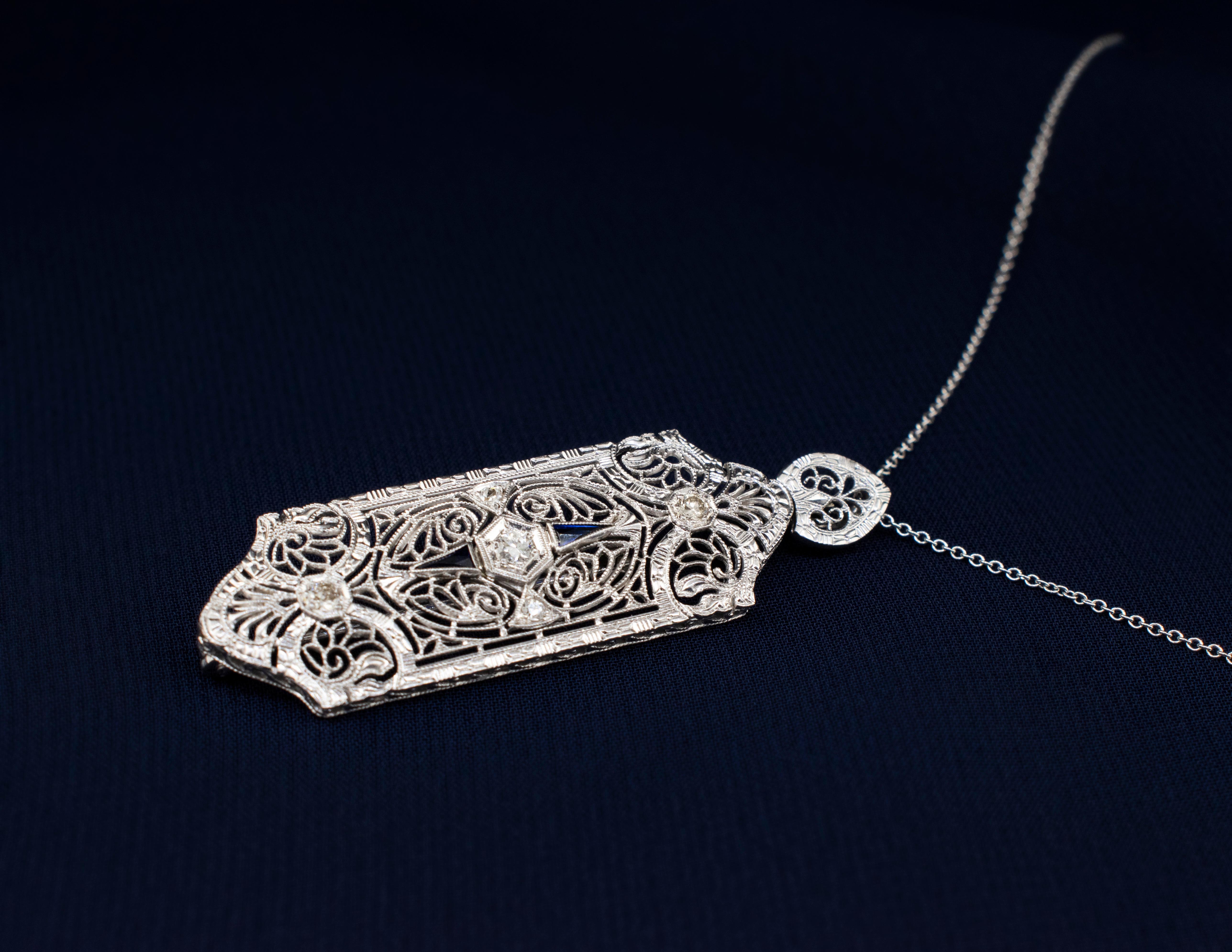 14k White Gold Art Deco Diamond and Sapphire Convertible Brooch/Pendant In Good Condition For Sale In Boone, NC