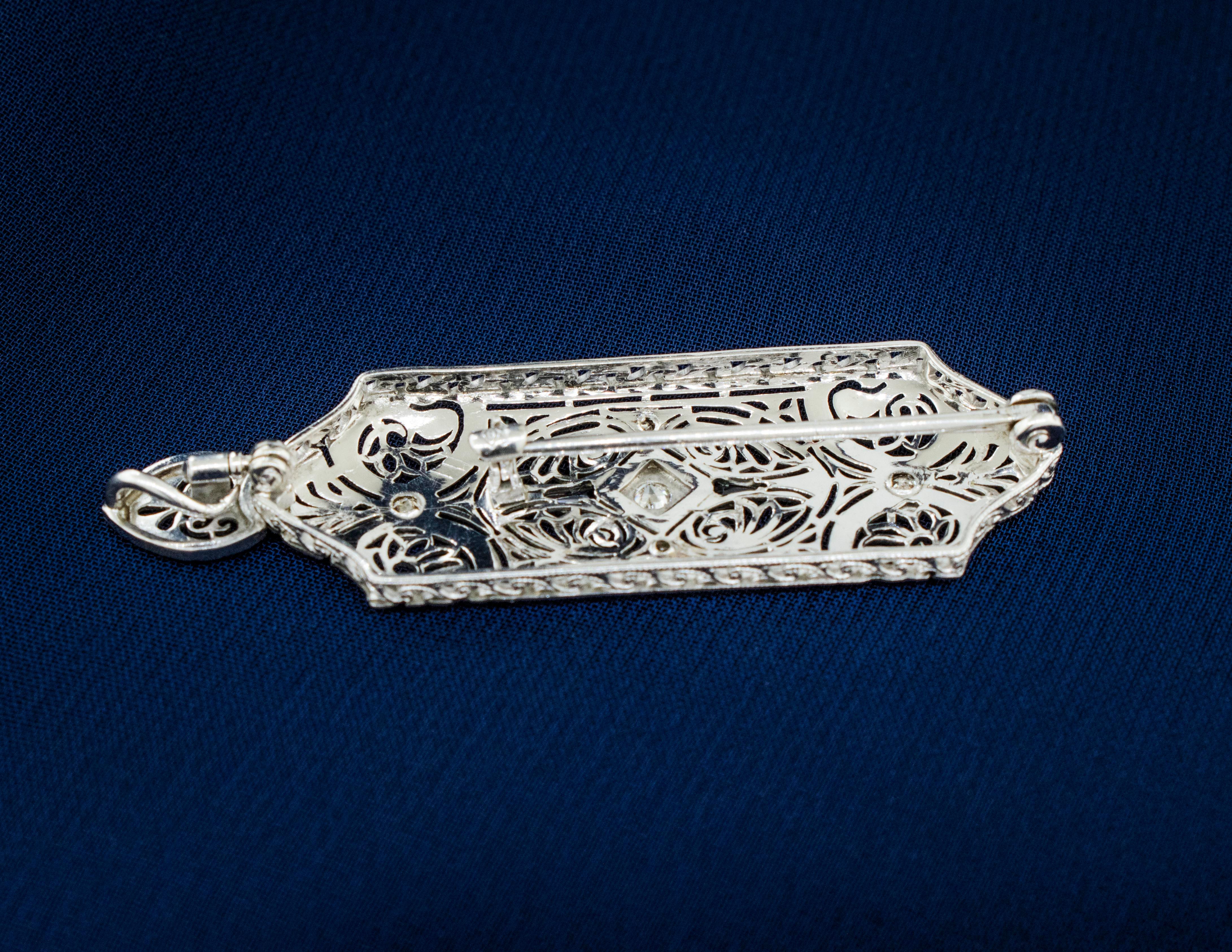 Women's 14k White Gold Art Deco Diamond and Sapphire Convertible Brooch/Pendant For Sale