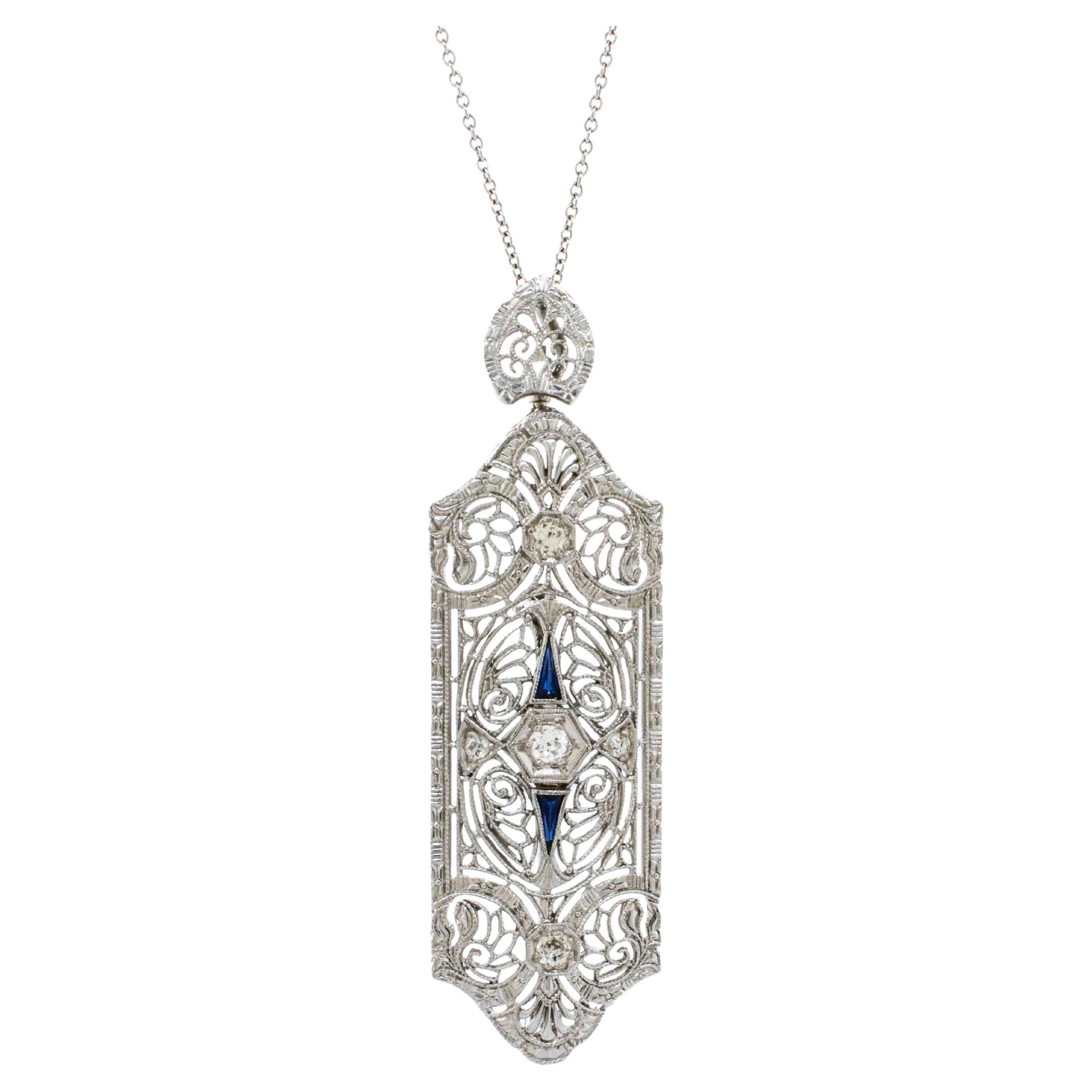 14k White Gold Art Deco Diamond and Sapphire Convertible Brooch/Pendant