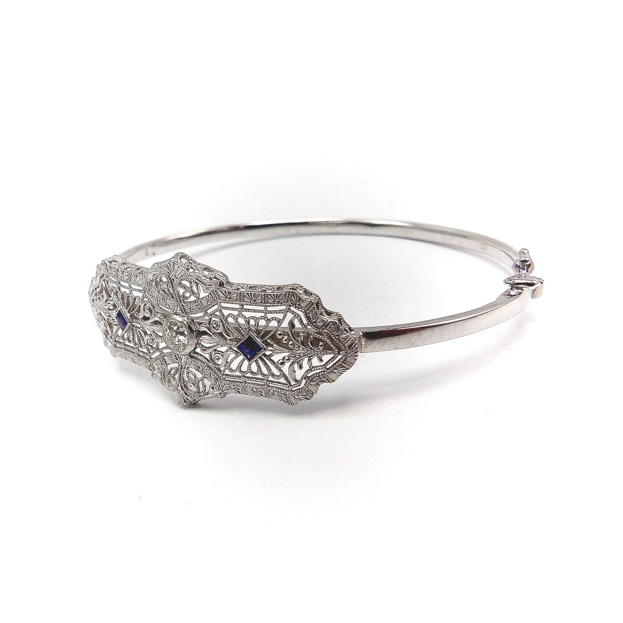 Old European Cut 14K White Gold Art Deco Diamond & Sapphire Bracelet For Sale