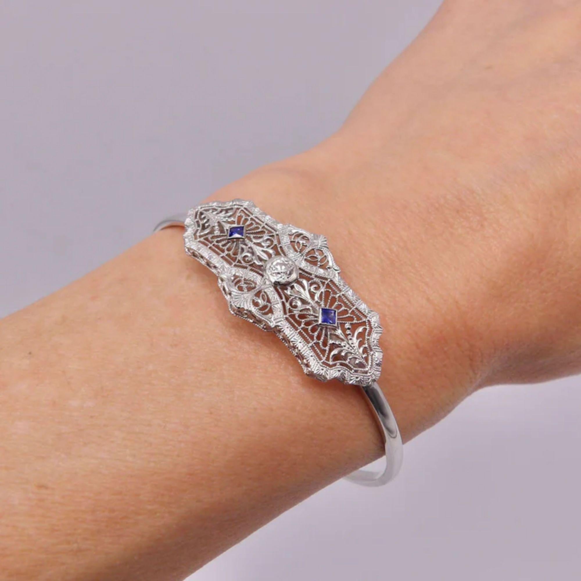 14K White Gold Art Deco Diamond & Sapphire Bracelet In Excellent Condition For Sale In Venice, CA