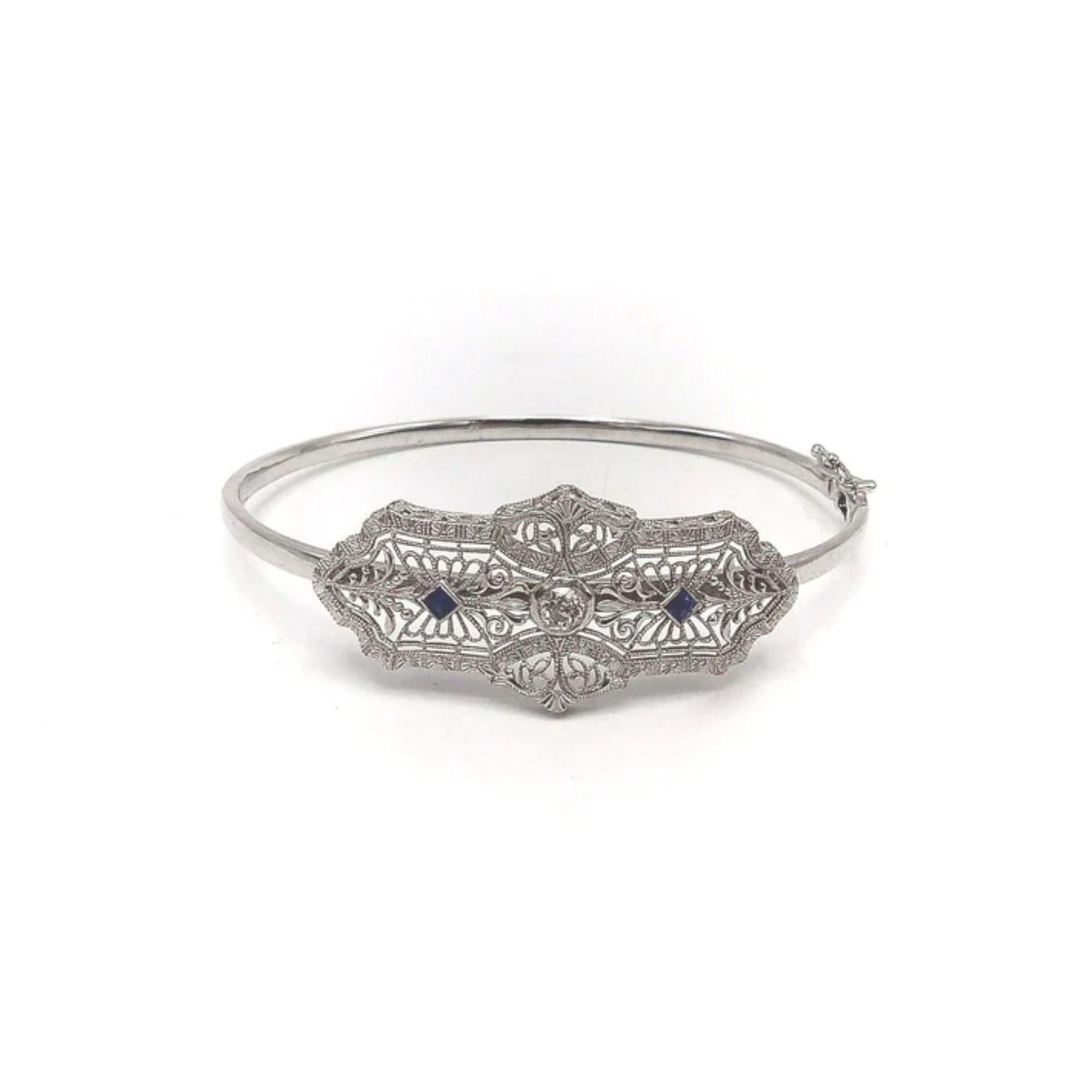 Women's 14K White Gold Art Deco Diamond & Sapphire Bracelet For Sale