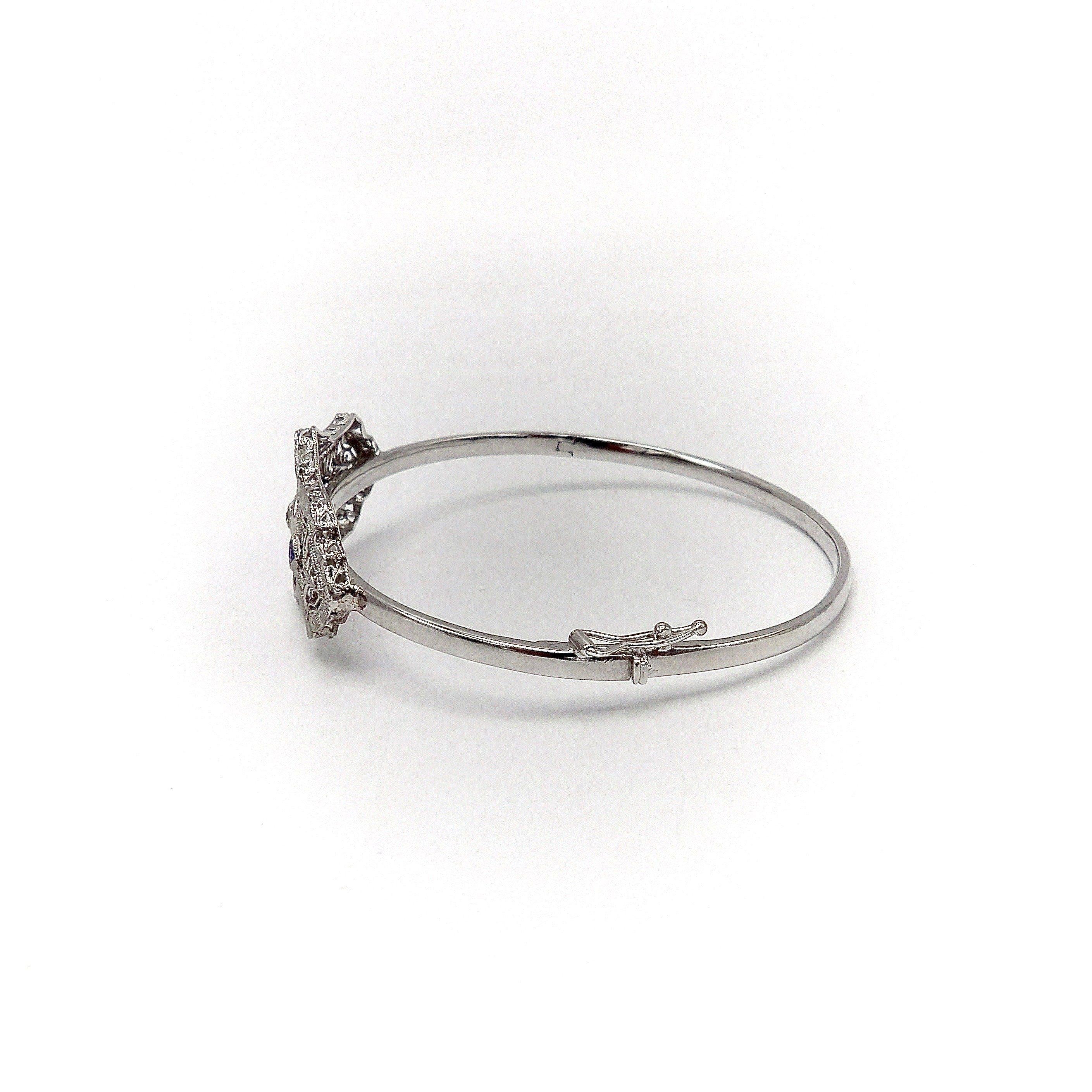 14K White Gold Art Deco Diamond & Sapphire Bracelet For Sale 2